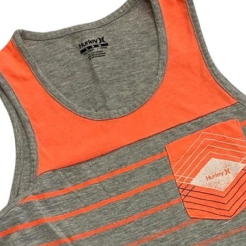 Hurley Boys Size L 12-13 YRS Tank Top Gray Orange Striped Pocket Sleeveless